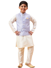 Boys' Cream And Blue Jacket, Kurta and Pyjama Set