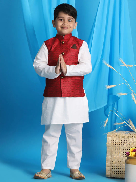 Boys' Maroon And White Jacket, Kurta and Pyjama Set