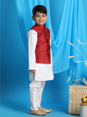 Boys' Maroon And White Jacket, Kurta and Pyjama Set