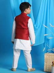 Boys' Maroon And White Jacket, Kurta and Pyjama Set