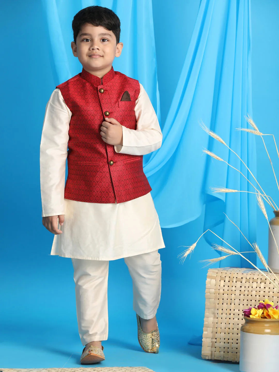 Boys' Maroon And Cream Jacket, Kurta and Pyjama Set