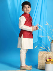 Boys' Maroon And Cream Jacket, Kurta and Pyjama Set