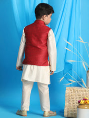 Boys' Maroon And Cream Jacket, Kurta and Pyjama Set