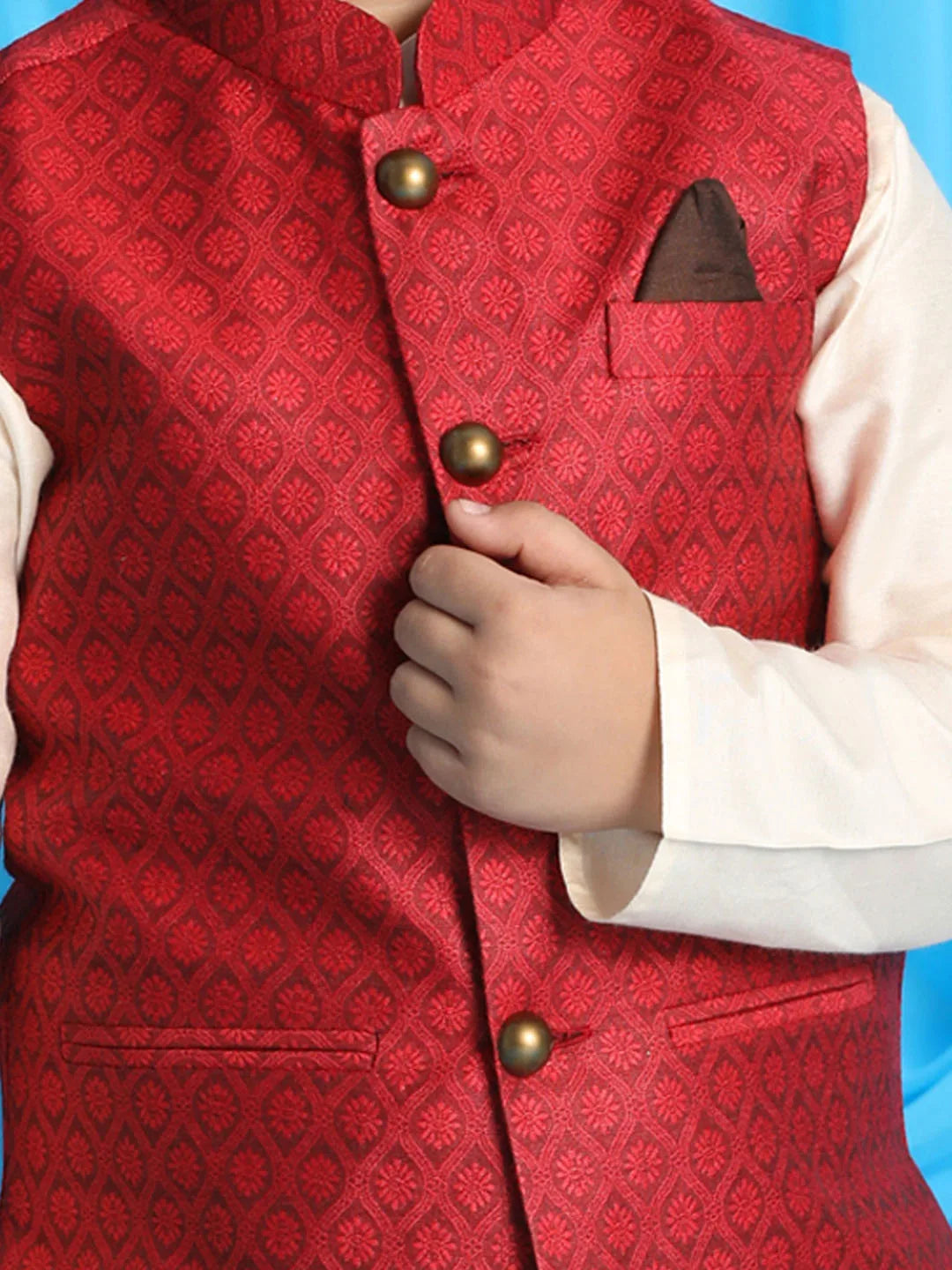 Boys' Maroon And Cream Jacket, Kurta and Pyjama Set