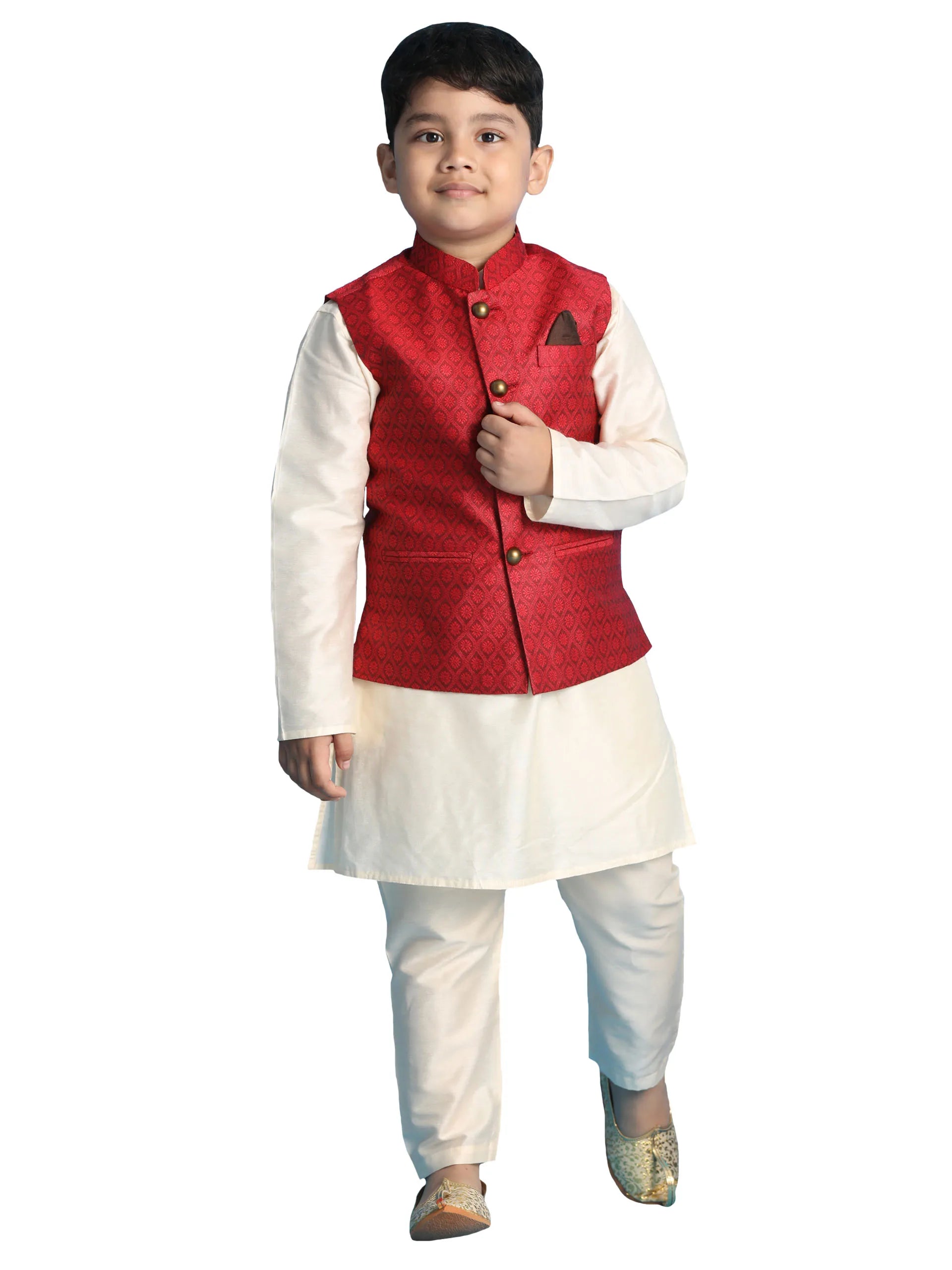 Boys' Maroon And Cream Jacket, Kurta and Pyjama Set