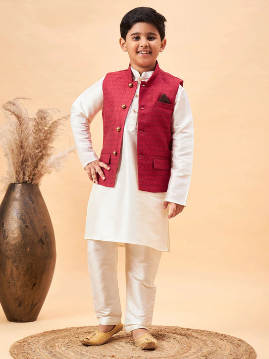 Boys' Cream Jacket, Kurta and Pyjama Set