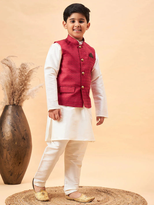 Boys' Cream Jacket, Kurta and Pyjama Set