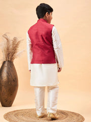 Boys' Cream Jacket, Kurta and Pyjama Set