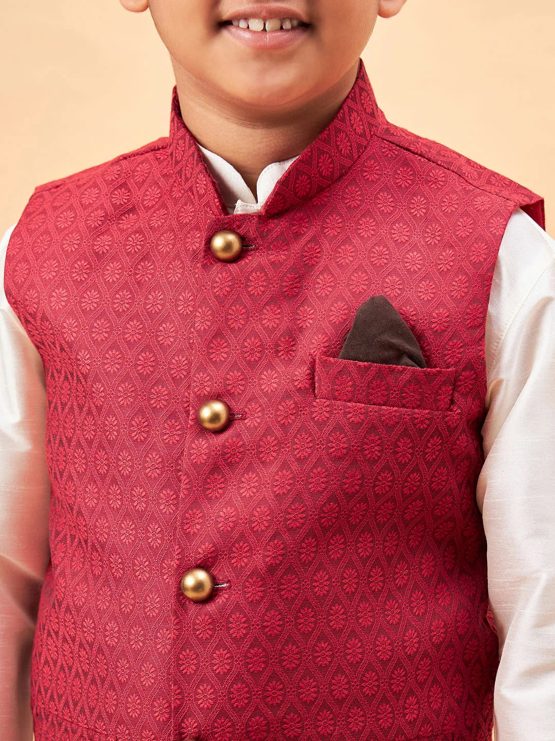 Boys' Cream Jacket, Kurta and Pyjama Set