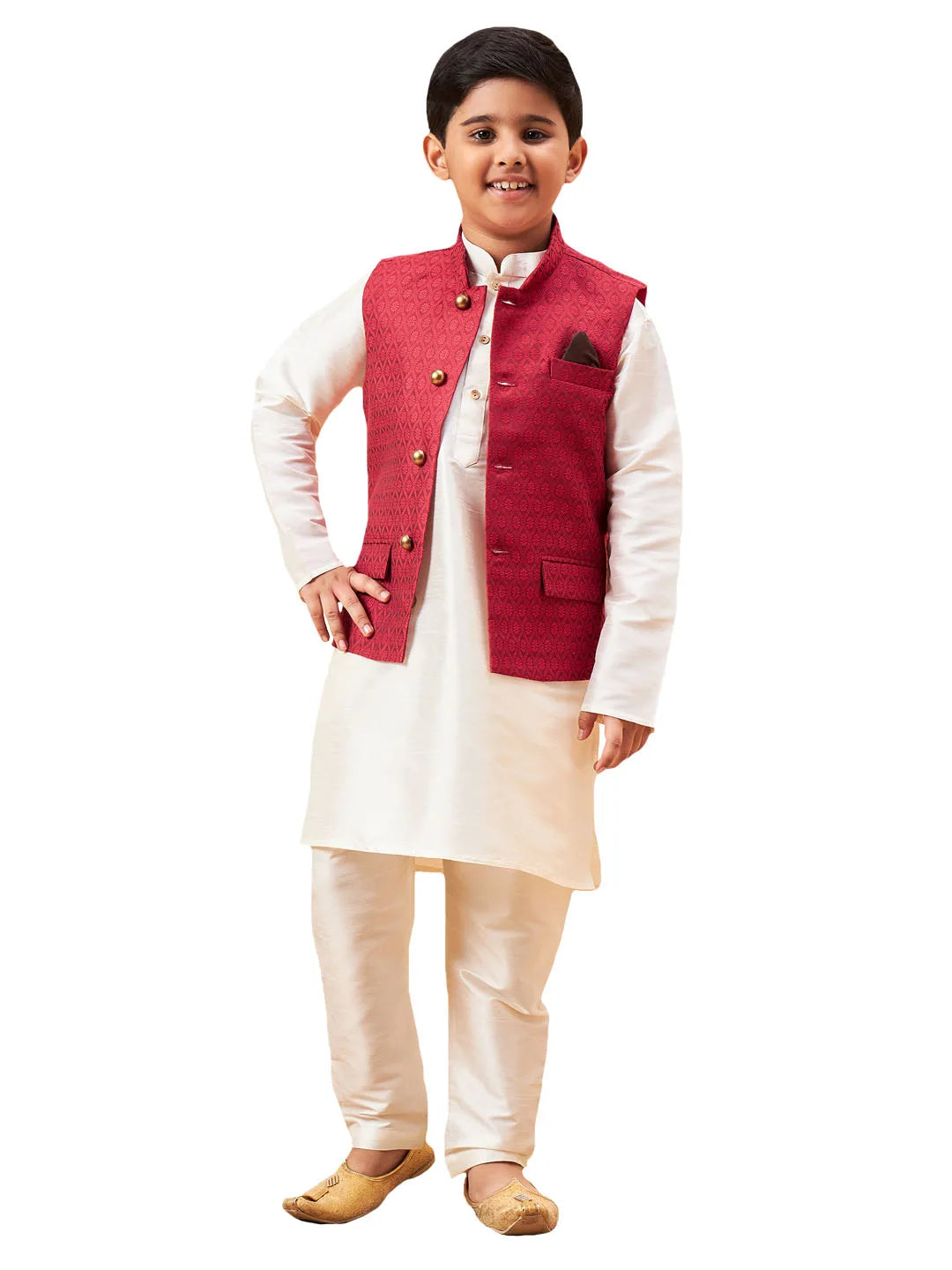 Boys' Cream Jacket, Kurta and Pyjama Set