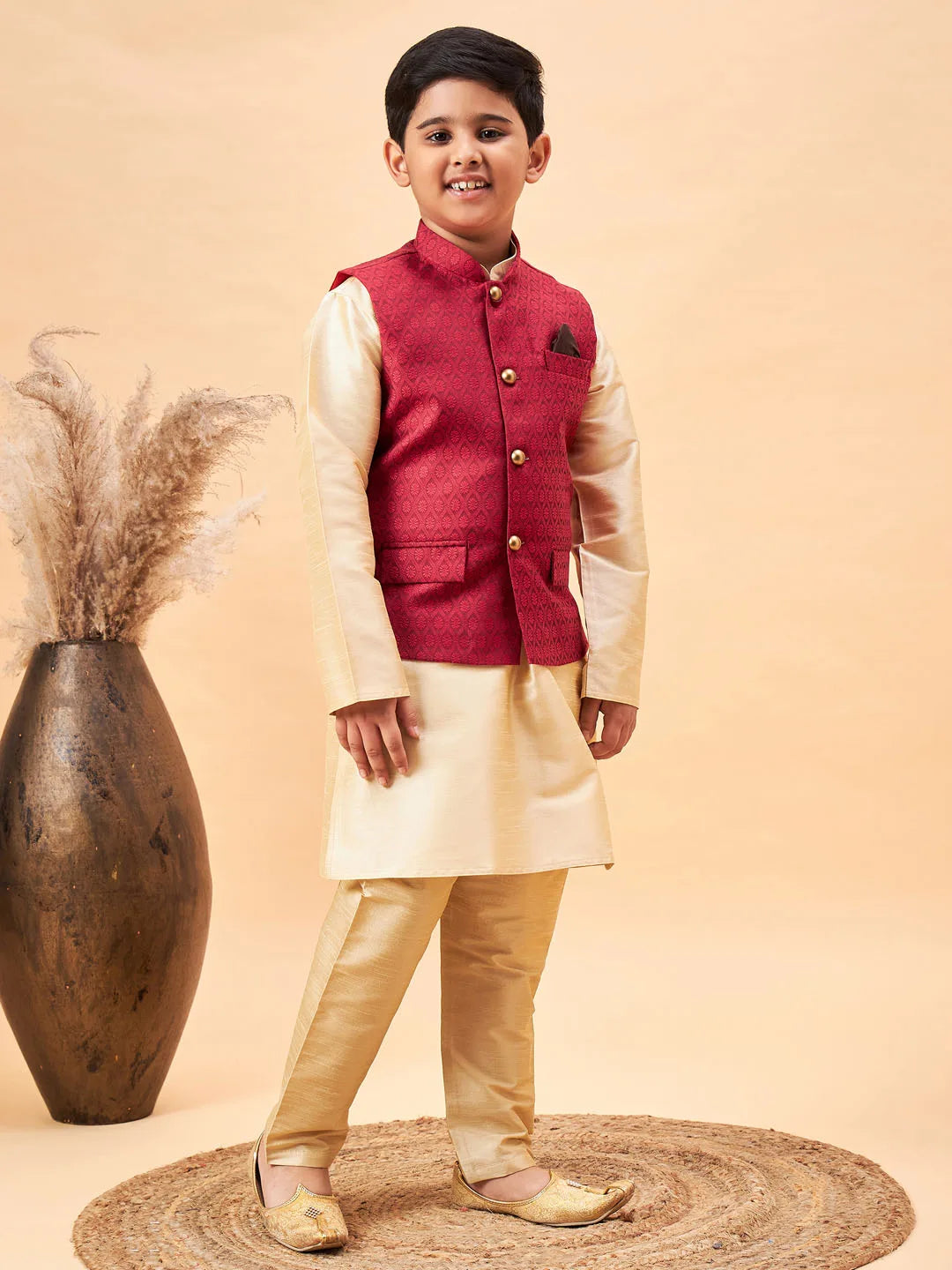 Boys' Gold Jacket, Kurta and Pyjama Set