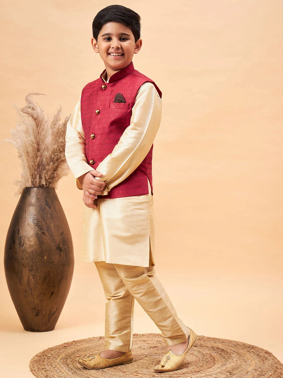 Boys' Gold Jacket, Kurta and Pyjama Set