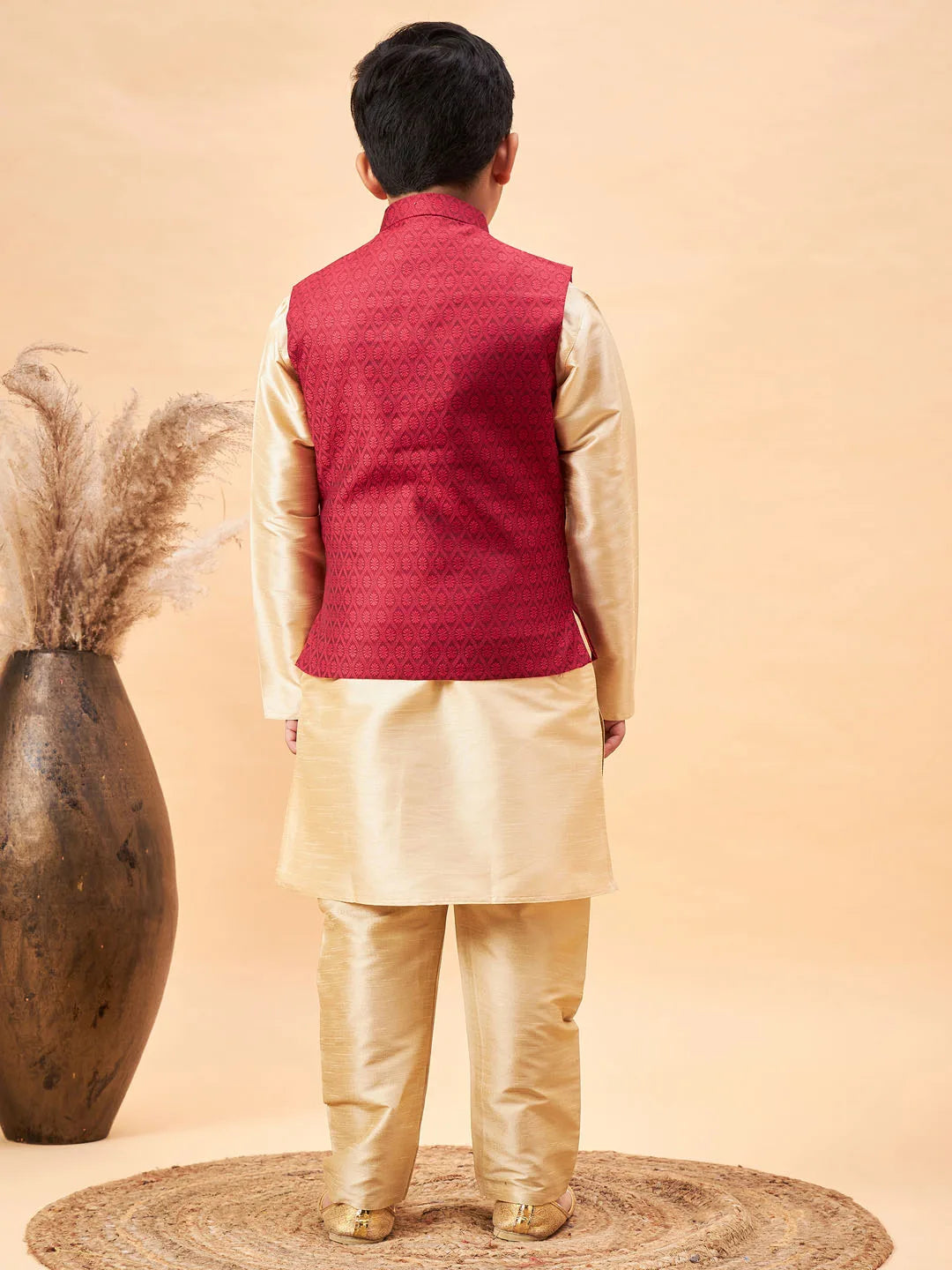 Boys' Gold Jacket, Kurta and Pyjama Set