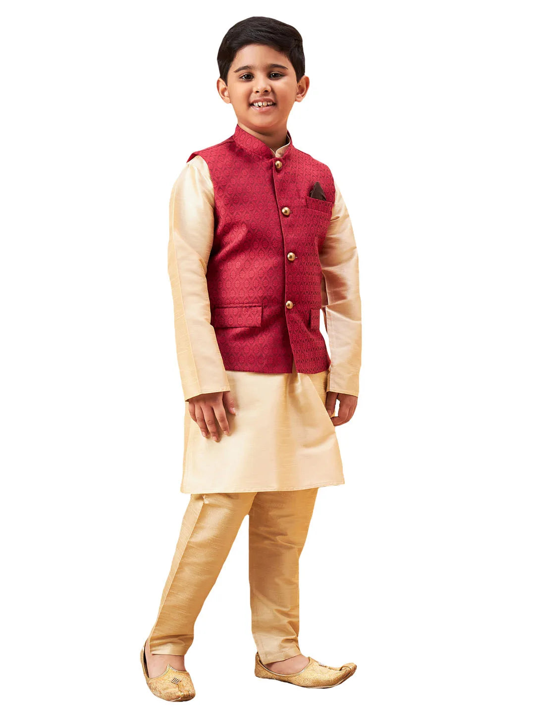 Boys' Gold Jacket, Kurta and Pyjama Set