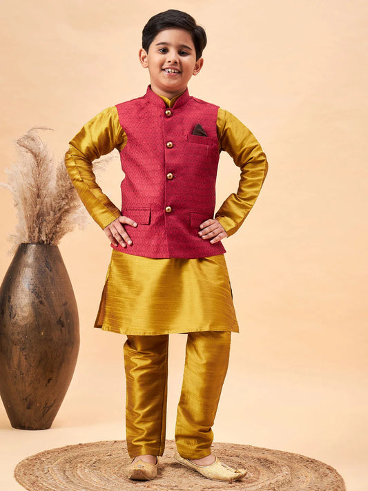 Boys' Mustard Jacket, Kurta and Pyjama Set