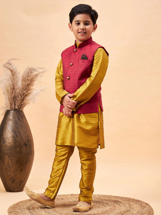 Boys' Mustard Jacket, Kurta and Pyjama Set