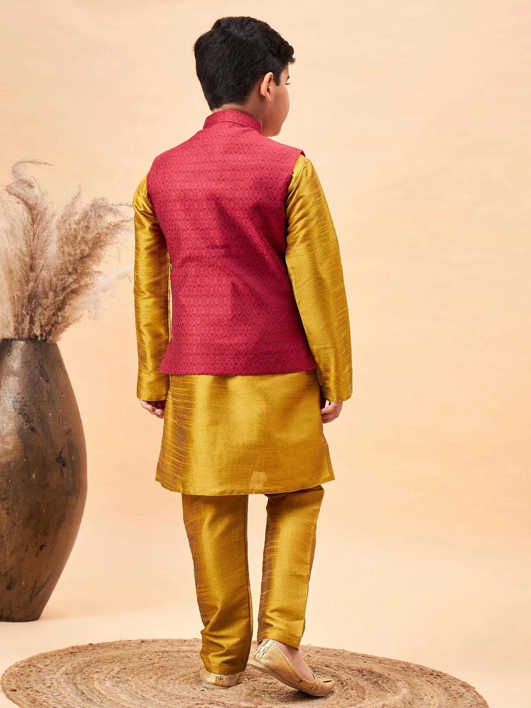 Boys' Mustard Jacket, Kurta and Pyjama Set