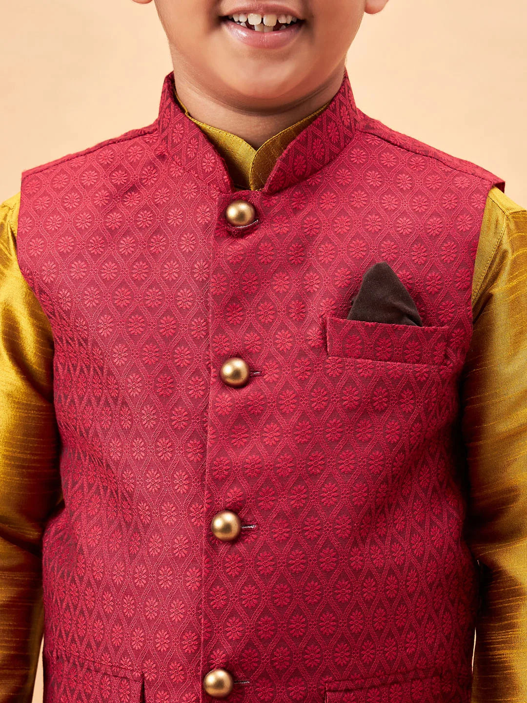 Boys' Mustard Jacket, Kurta and Pyjama Set