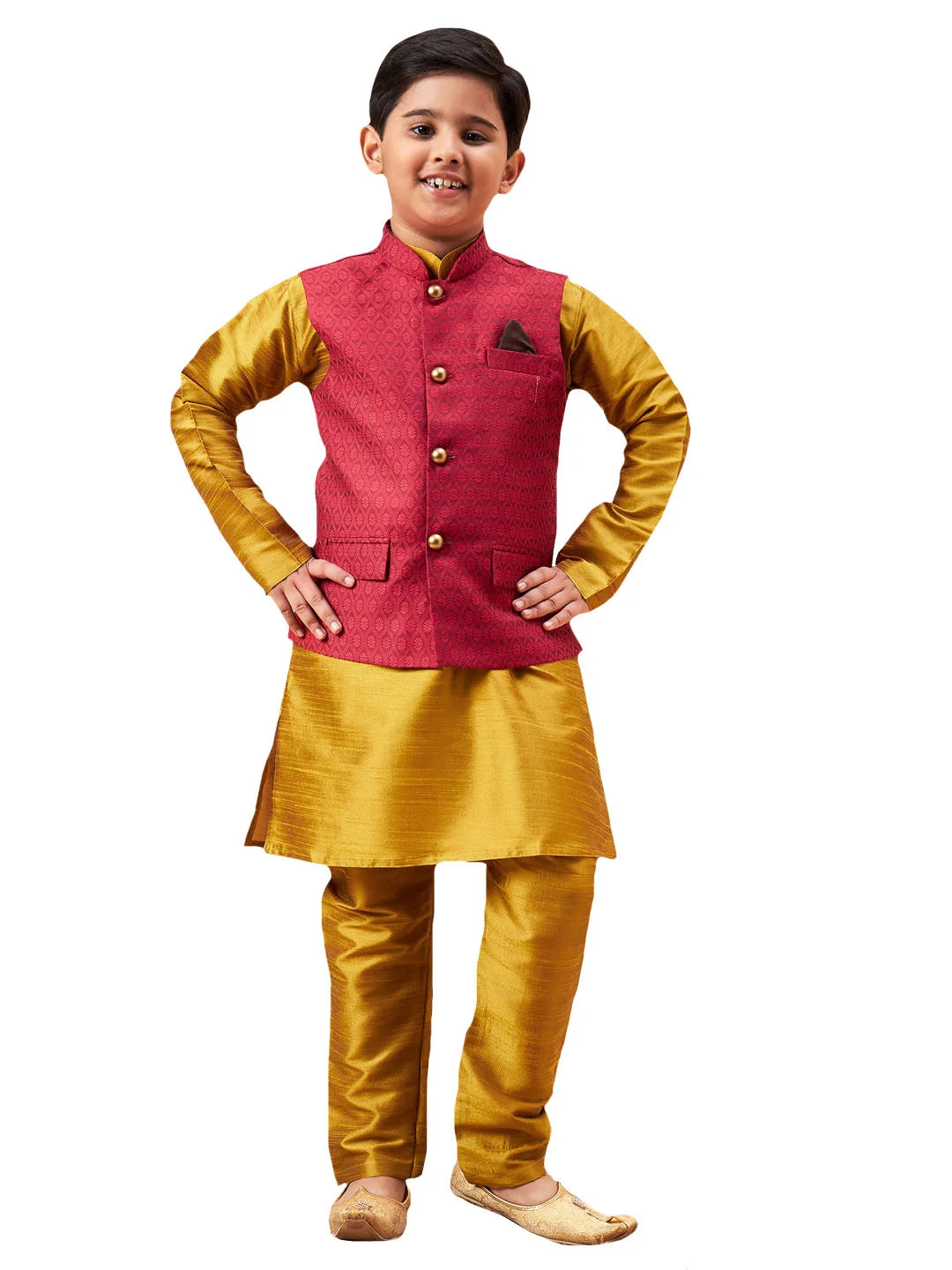 Boys' Mustard Jacket, Kurta and Pyjama Set