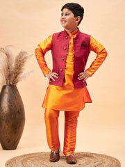 Boys' Orange Jacket, Kurta and Pyjama Set