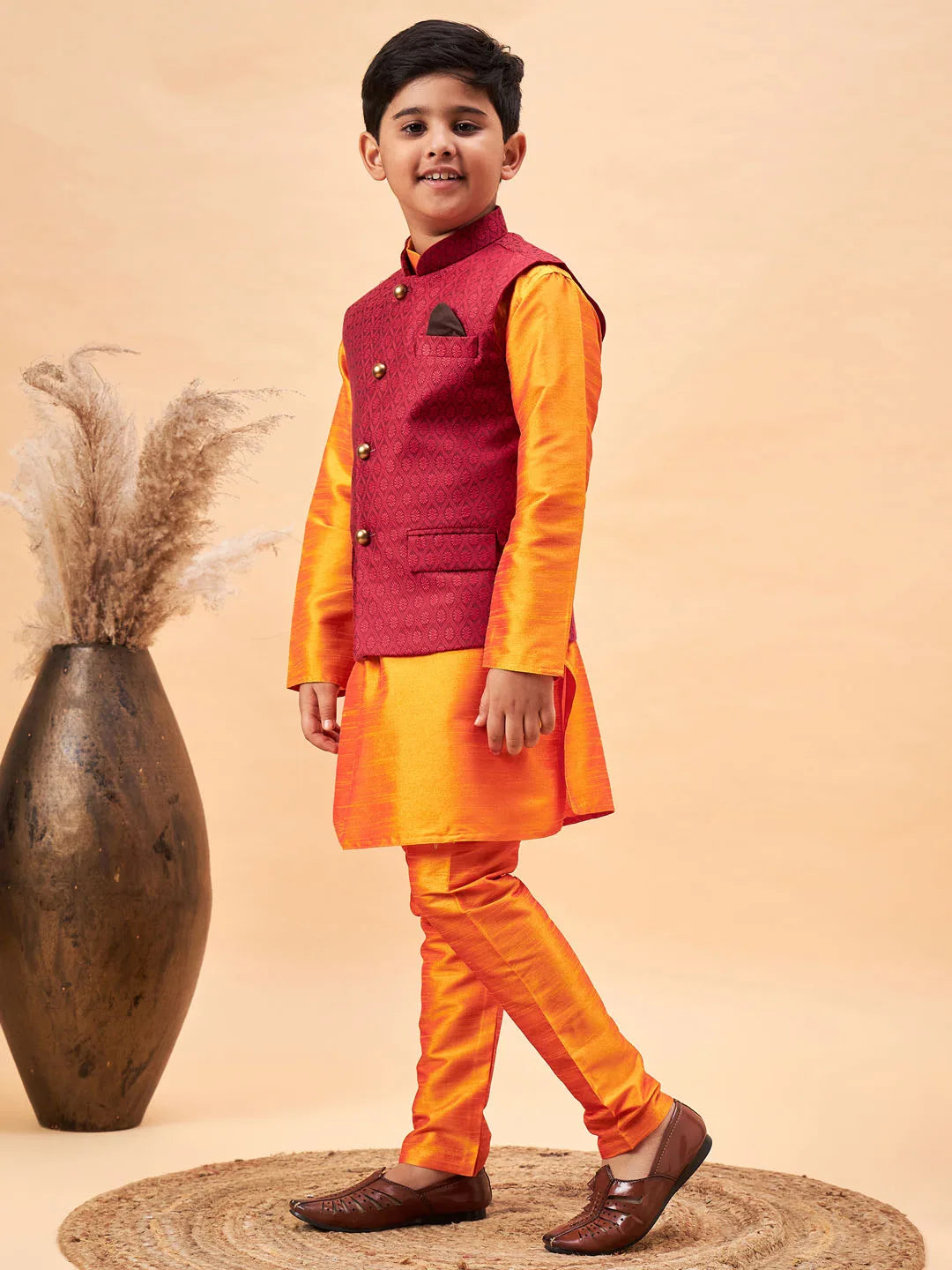 Boys' Orange Jacket, Kurta and Pyjama Set