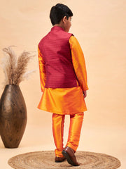 Boys' Orange Jacket, Kurta and Pyjama Set