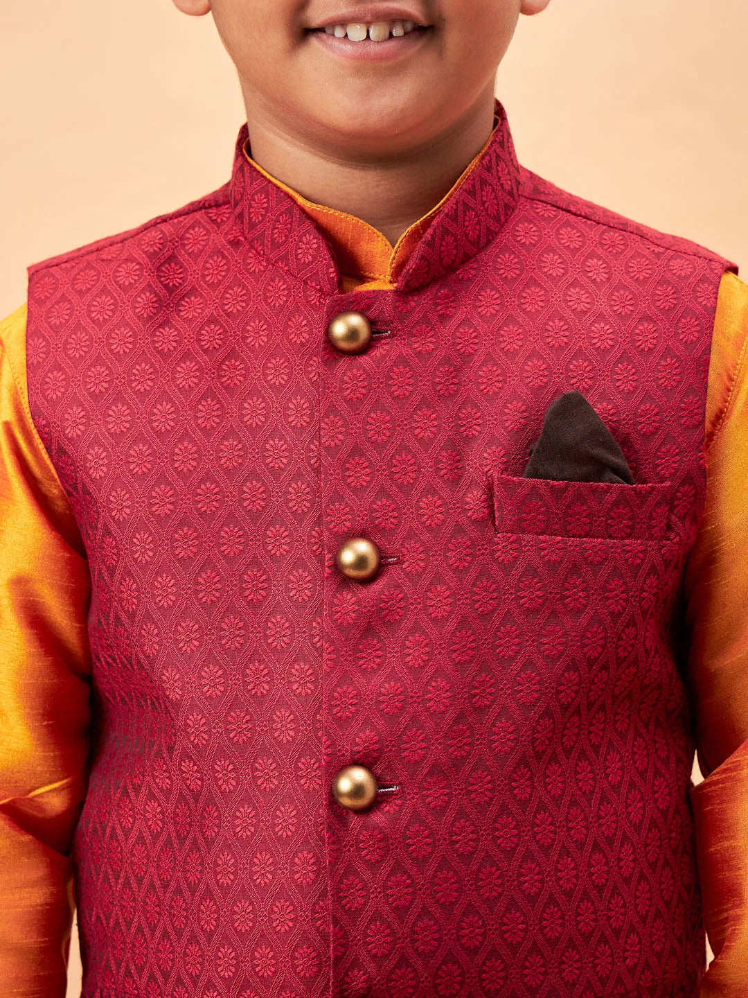 Boys' Orange Jacket, Kurta and Pyjama Set