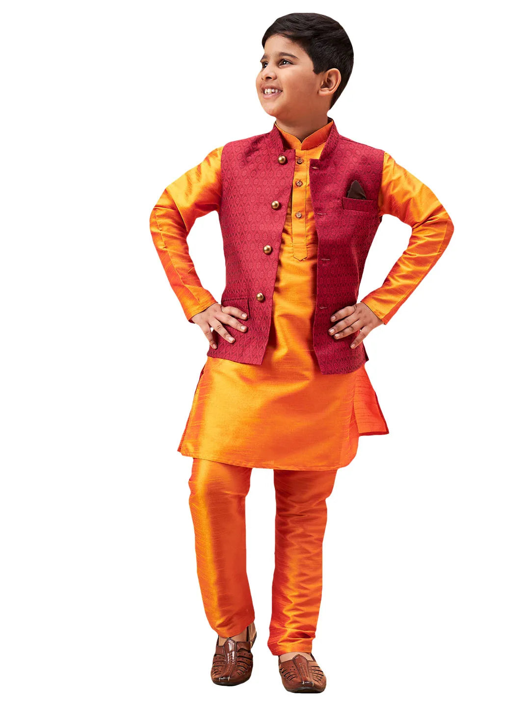 Boys' Orange Jacket, Kurta and Pyjama Set