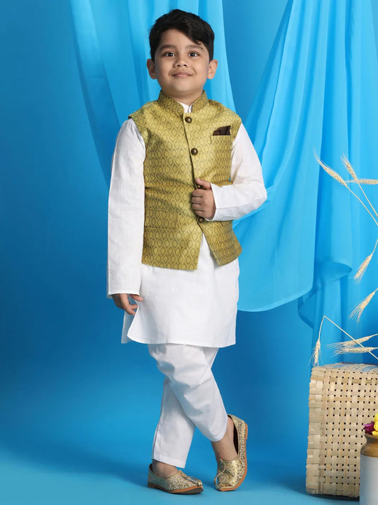 Boys' Yellow And White Jacket, Kurta and Pyjama Set