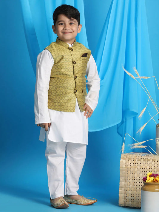 Boys' Yellow And White Jacket, Kurta and Pyjama Set