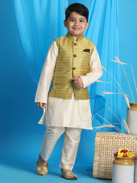 Boys' Yellow And Cream Jacket, Kurta and Pyjama Set