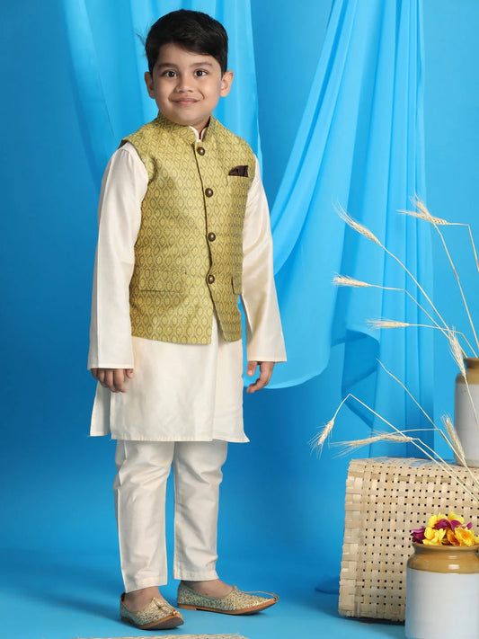 Boys' Yellow And Cream Jacket, Kurta and Pyjama Set