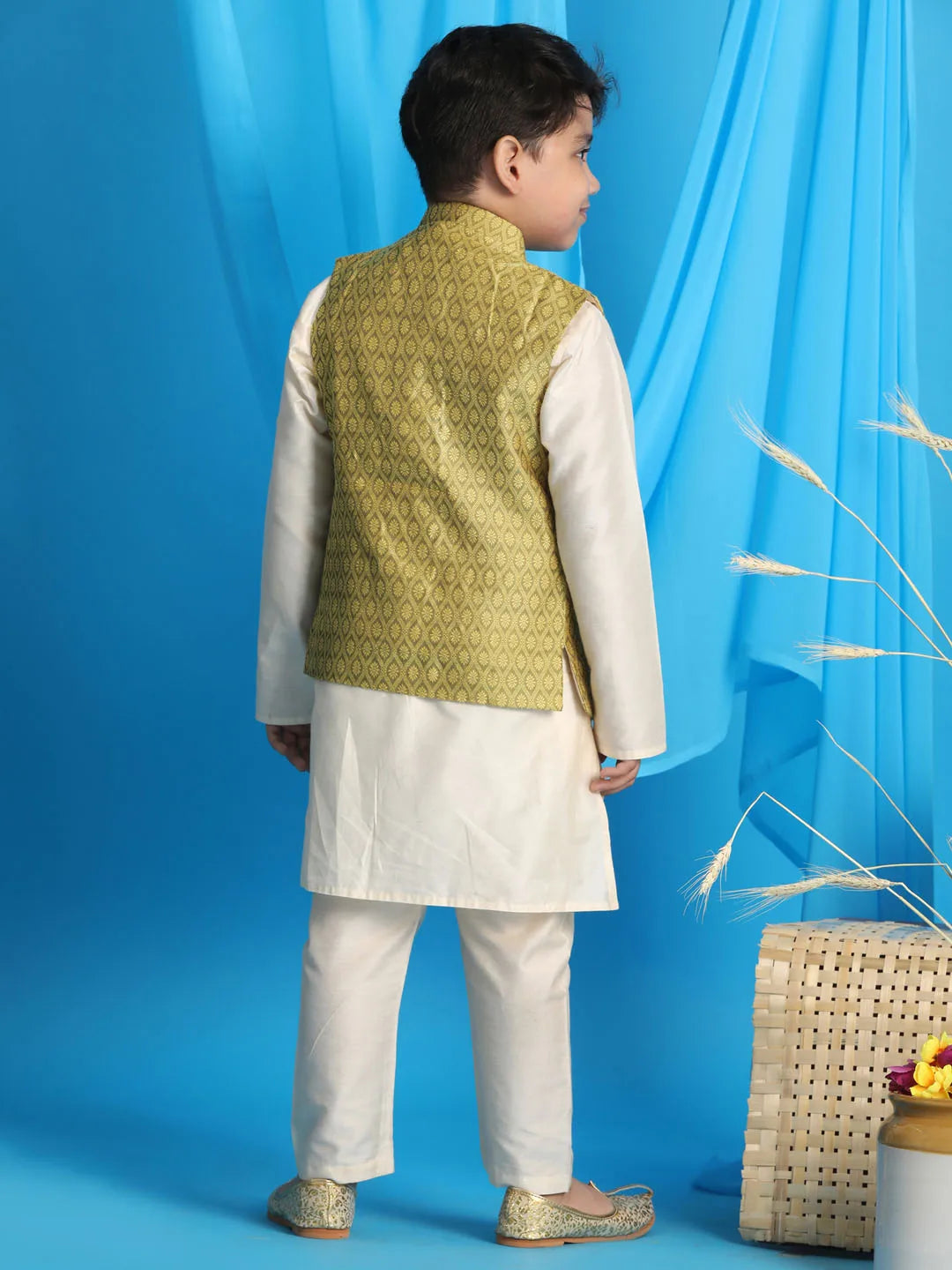 Boys' Yellow And Cream Jacket, Kurta and Pyjama Set