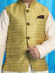 Boys' Yellow And Cream Jacket, Kurta and Pyjama Set