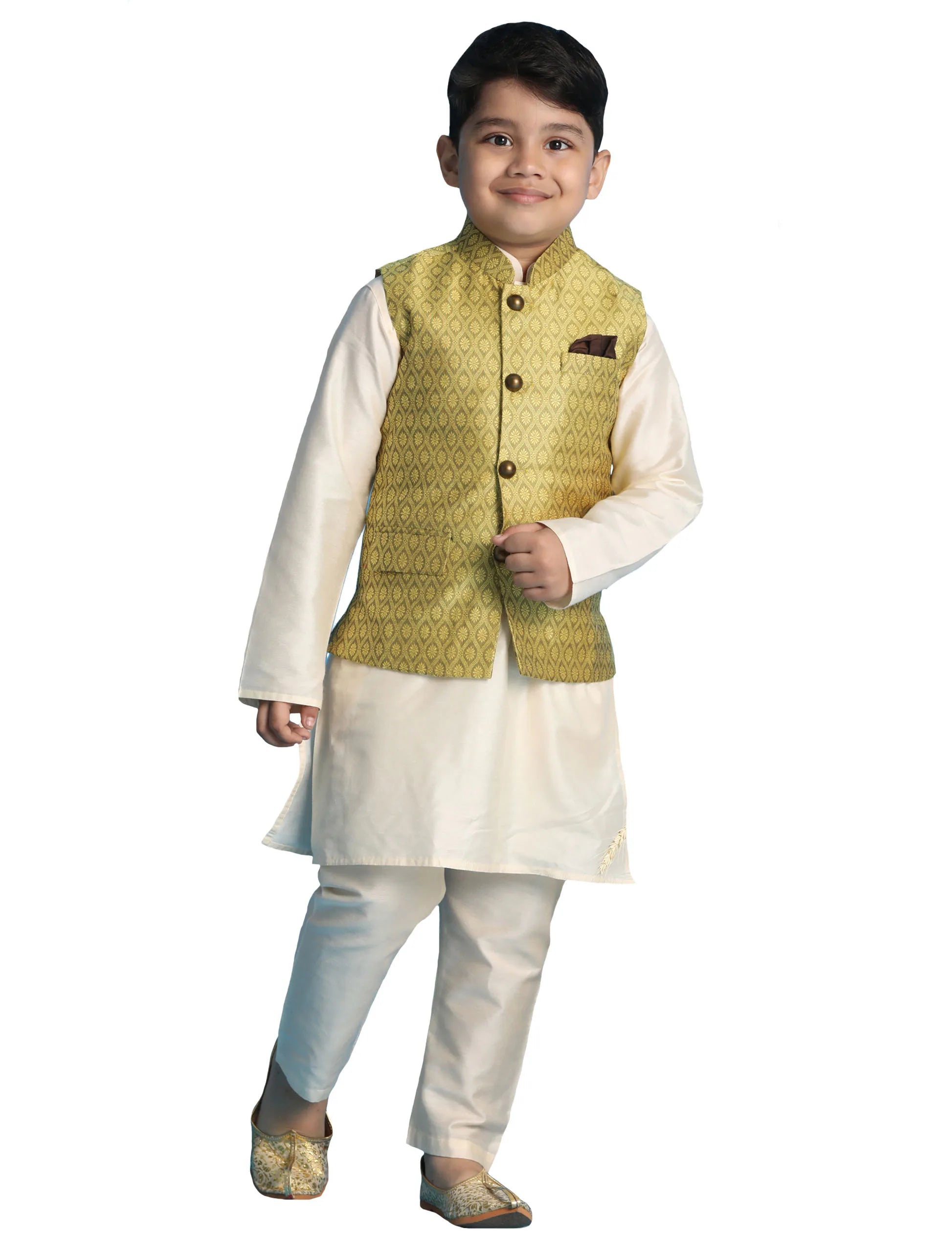 Boys' Yellow And Cream Jacket, Kurta and Pyjama Set