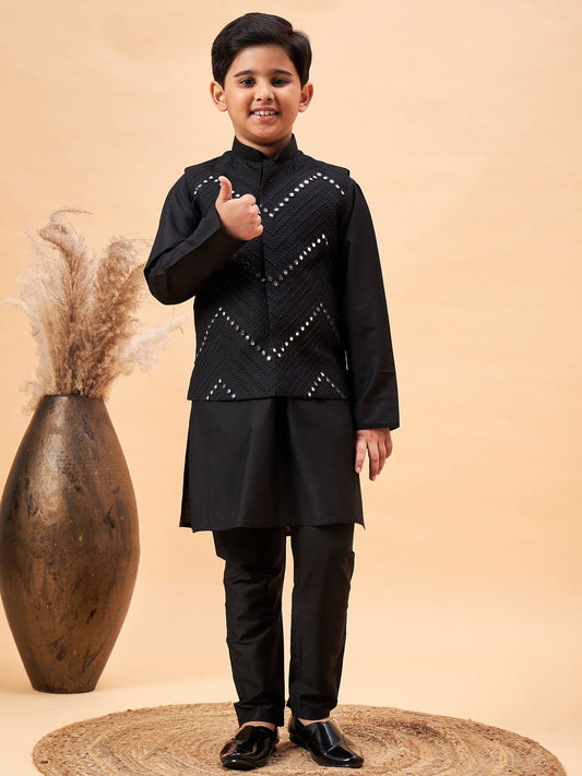 Boys' Black Jacket, Kurta and Pyjama Set