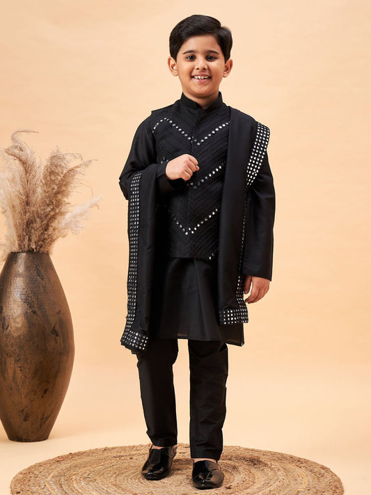 Boys' Black Kurta, Pyjama & Dupatta Set