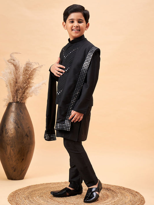 Boys' Black Kurta, Pyjama & Dupatta Set