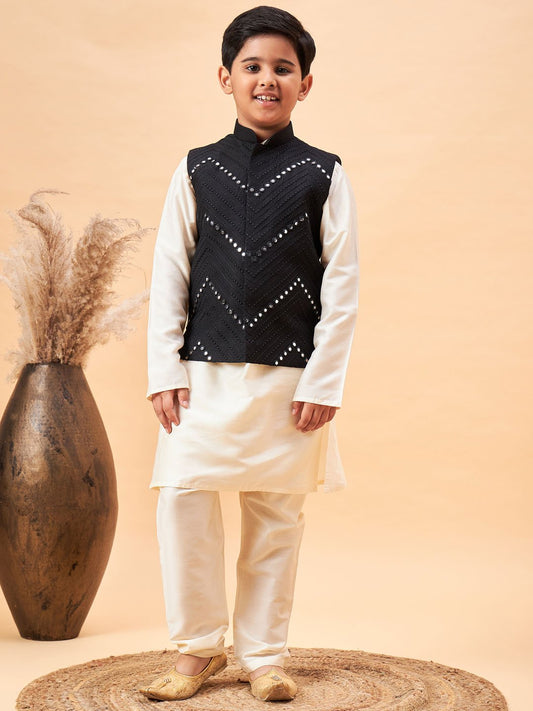 Boys' Cream And Black Jacket, Kurta and Pyjama Set