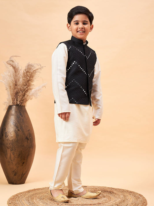 Boys' Cream And Black Jacket, Kurta and Pyjama Set