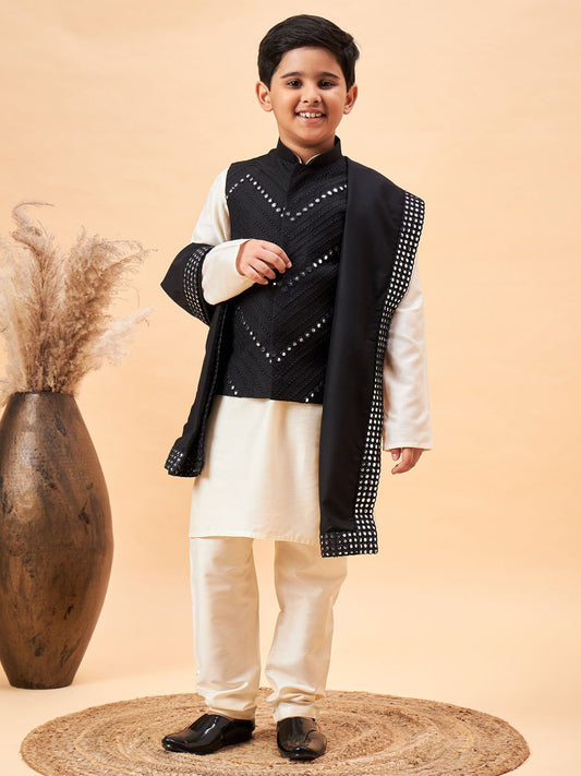 Boys' Cream And Black Kurta, Pyjama & Dupatta Set