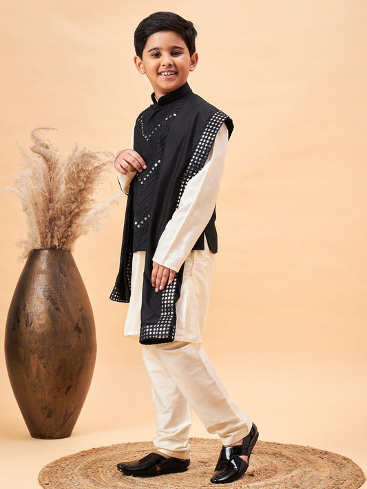 Boys' Cream And Black Kurta, Pyjama & Dupatta Set