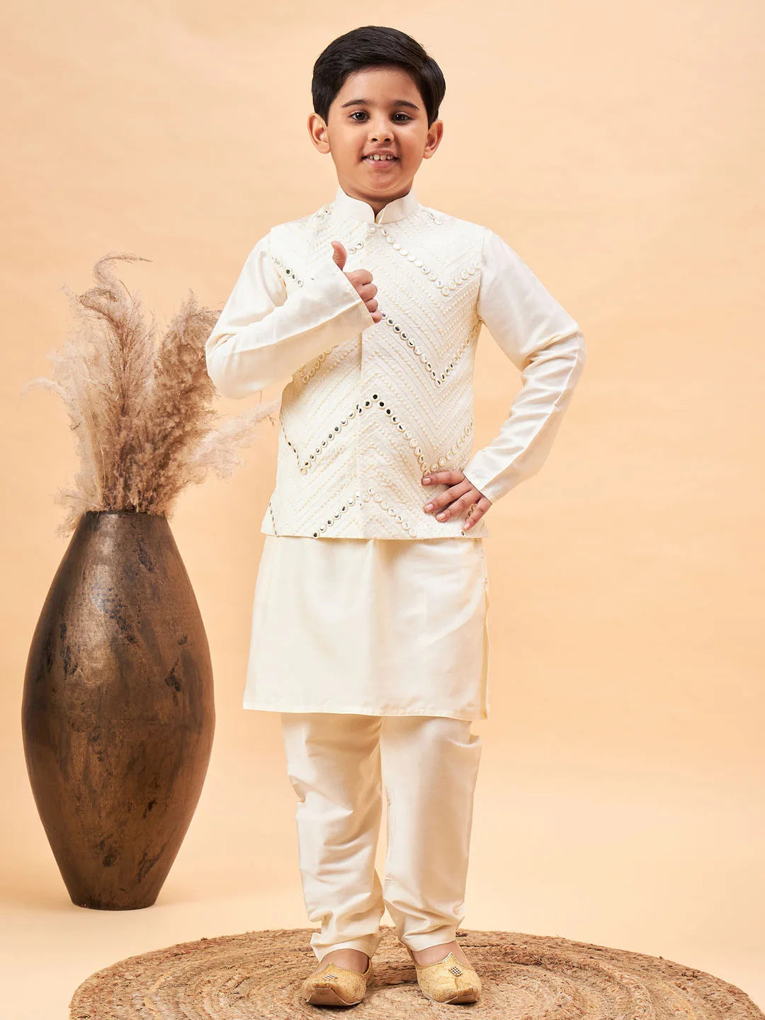 Boys' Cream Jacket, Kurta and Pyjama Set