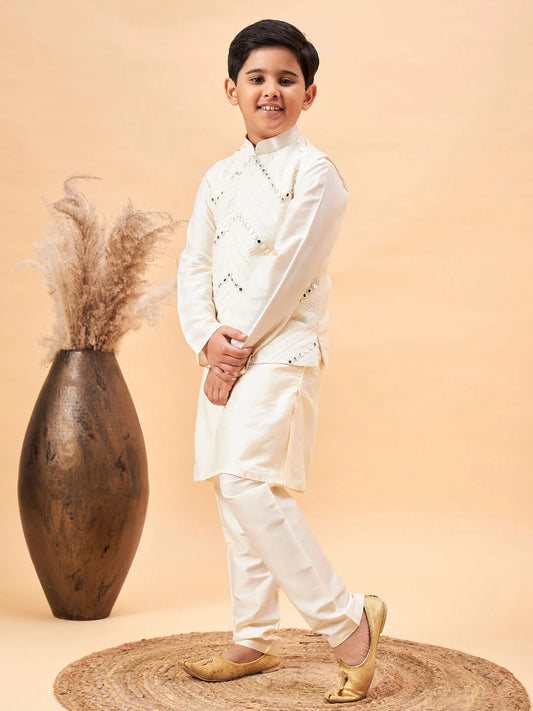 Boys' Cream Jacket, Kurta and Pyjama Set