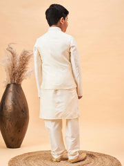 Boys' Cream Jacket, Kurta and Pyjama Set