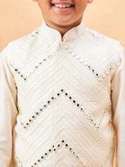 Boys' Cream Jacket, Kurta and Pyjama Set