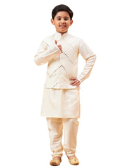 Boys' Cream Jacket, Kurta and Pyjama Set