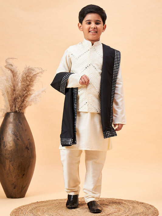 Boys' Cream And Black Kurta, Pyjama & Dupatta Set