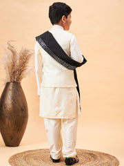 Boys' Cream And Black Kurta, Pyjama & Dupatta Set