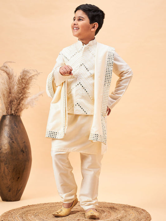 Boys' Cream Kurta, Pyjama & Dupatta Set